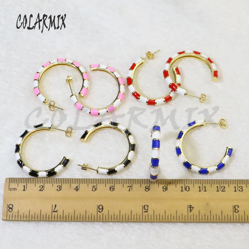 

6 Pairs Enamel stripe color Round earrings fashion jewelry color earrings big round earrings Gift for lady 50054