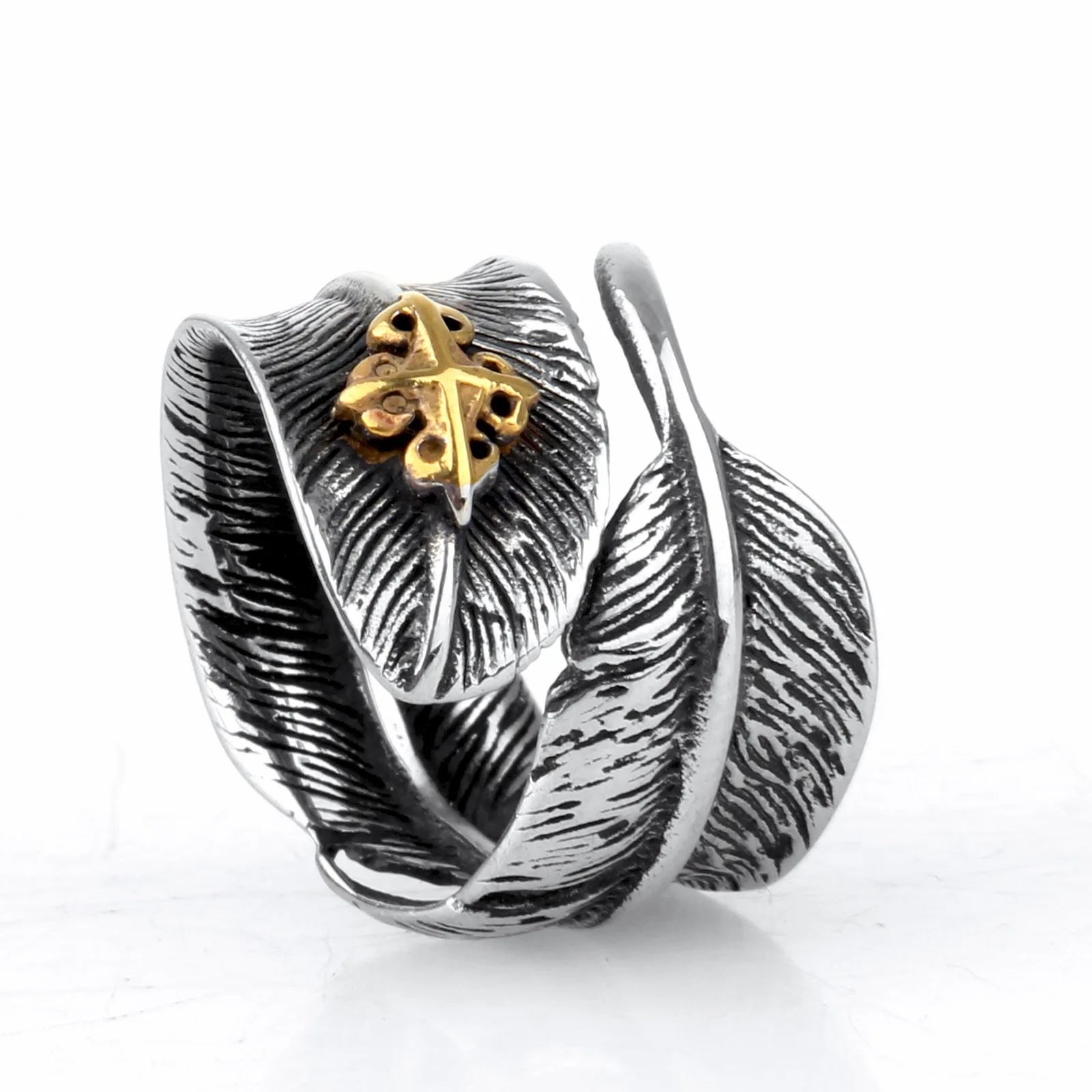 

Personalized Fashion Men's Gold Stainless Steel Jewelry Cross Feather Ring Men's Wedding Party Jewelry