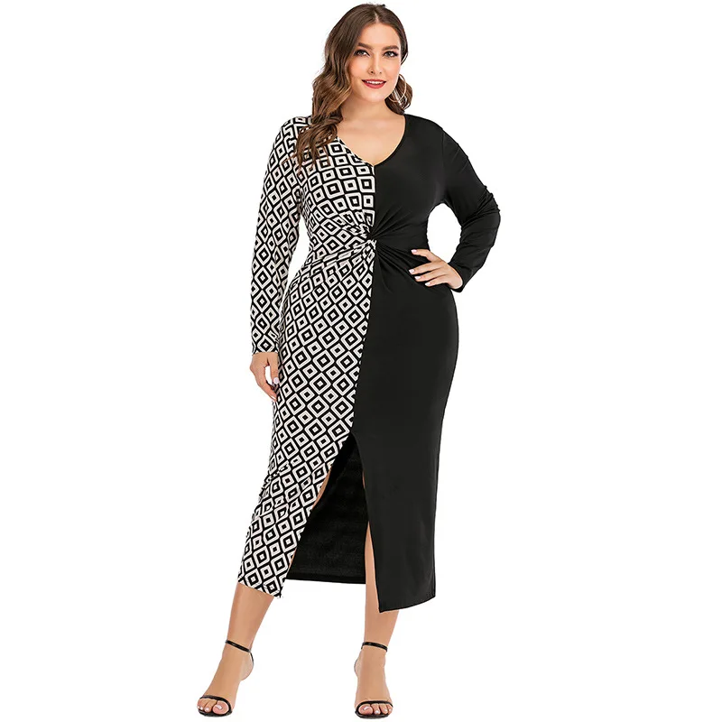 

Plus Size Dresses Spring 2021 Ladies Bodycon Dress Slit Print Geometric Pattern V Neck Long Sleeve Dress Midi Elegant Dress