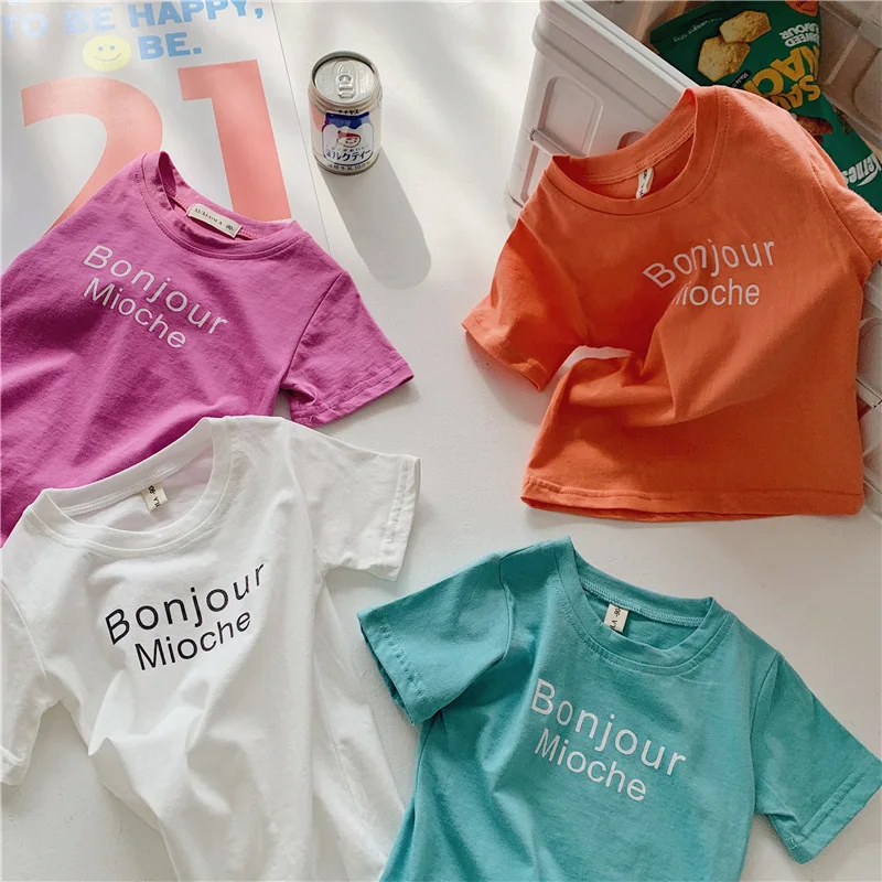 

2021 весенне-летняя детская одежда, тонкая футболка с коротким рукавом для мальчиков и девочек карамельных цветов с надписью, Детские хлопков...