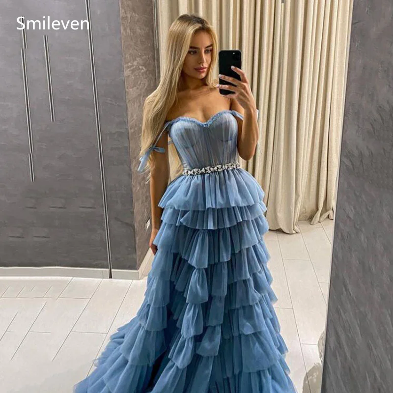 Голубое милое платье принцессы Smileven бальное пышная ярусная тюль длинное