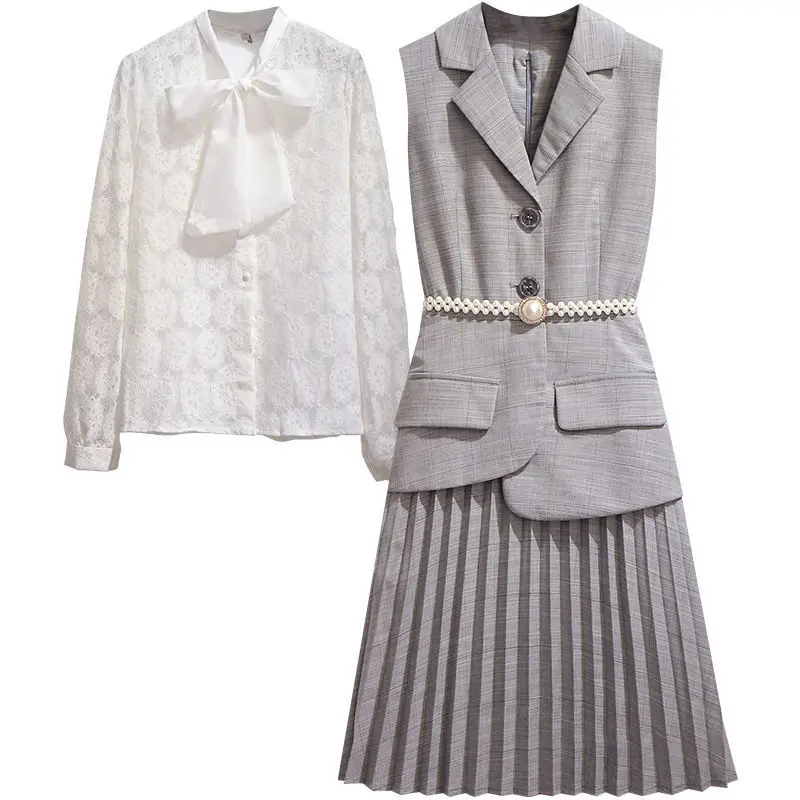 

2021 New Spring and autumn Women Fashion Two-piece Vest Waistcoat Long Sleeve skirt Women Casual Pleated skirt Y457