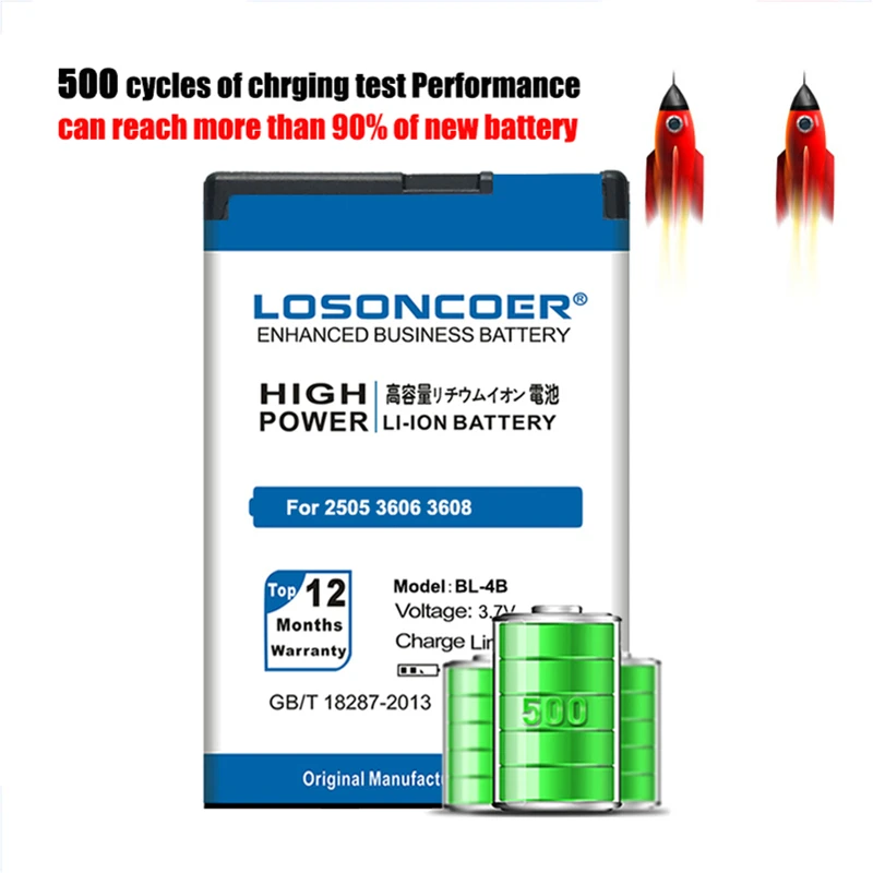 100% Оригинальный LOSONCOER 3350 мА/ч BL-4B Батарея для NOKIA 2505 3606 3608 2670 2660 2630 5000 6111 7070 7088 7370 7373