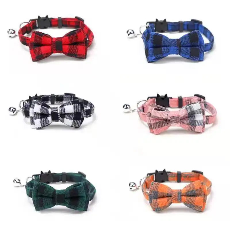 

[2021 new Hot] plaid collar pet bell collar bowknot patch round ear cat dog collar small dog accessories dog supplies