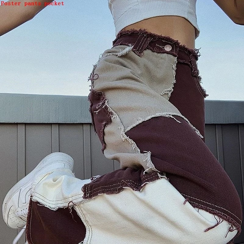 

Patchwork Contrast Color High Waist Jeans Women's Loose Straight Casual Pants Fashion Street Vintage Harajuku Denim Trousers