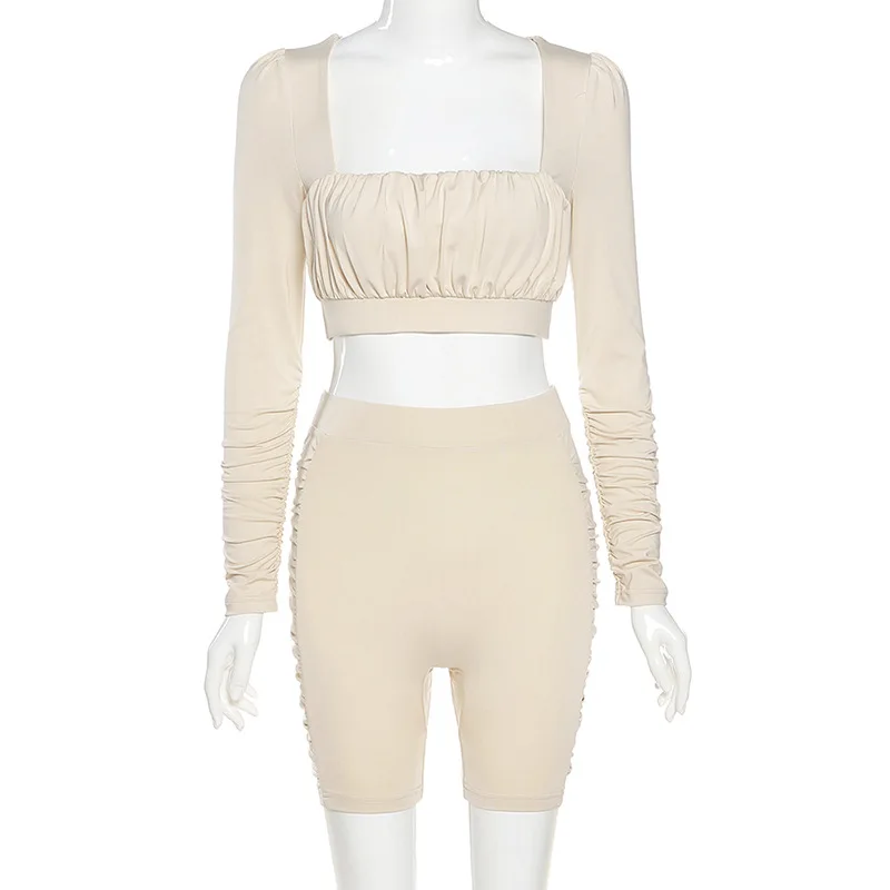 

Casual Women Two Piece Set Square Neck Pleated Stacked Long Sleeve Short Crop Top + Pants Sportsuit Clothing For Women