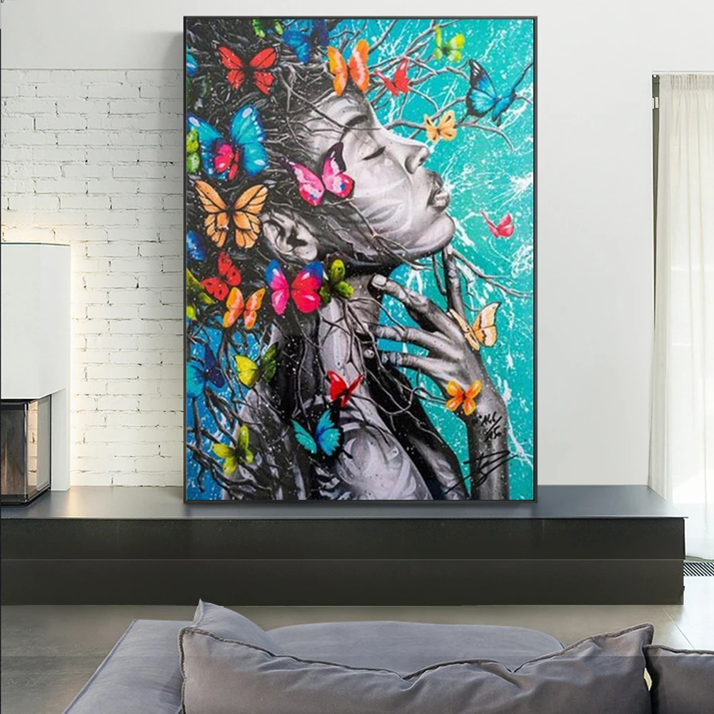 

Graffiti Art African Black Woman Canvas Paintings Colorful Butterfly Posters Prints Wall Art Picture for Living Room Decor