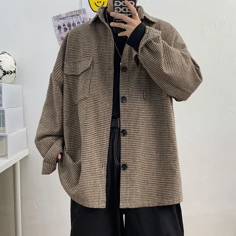 

Осенняя клетчатая куртка, мужские Модные повседневные куртки в стиле ретро, Мужская Уличная одежда, свободная Корейская куртка, мужское одн...