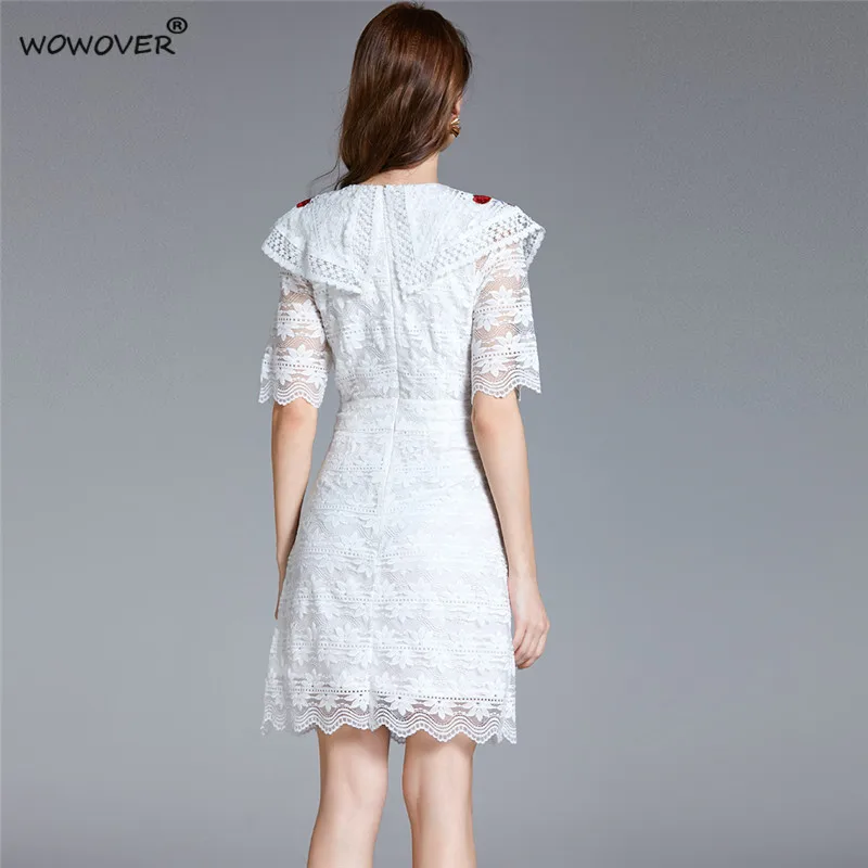 

2021 New Fashion Summer Hollow Out Floral Embroidery White Lace Dress for Women Short Sleeve Knee Length Casual Party Vestidos