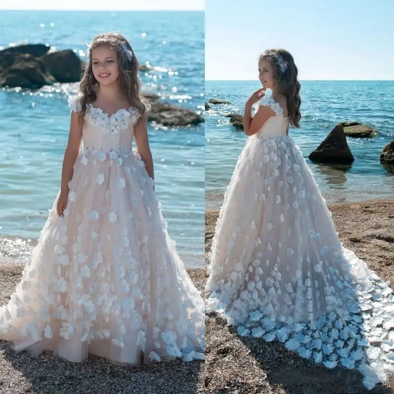 

A Line Scoop Ivory Flower Girl Dresses Floor Length Flower Belt Girl Dresses For Wedding Pageant Dresses First Communion Dresses