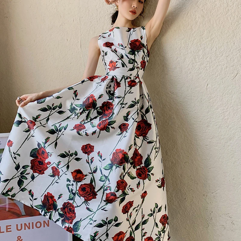 

XIZIHUPAN Elegant Print Dress For Women O Neck Sleeveless High Waist Tunic A Line Midi Dresses Females Summer Fashion 2021 Style
