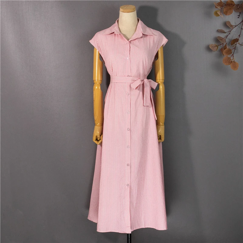 

New 2021 Women Spring Summer Shirt Dress Multi Colors Casual Sleeveless Striped Oversize Lace Up Long Dress