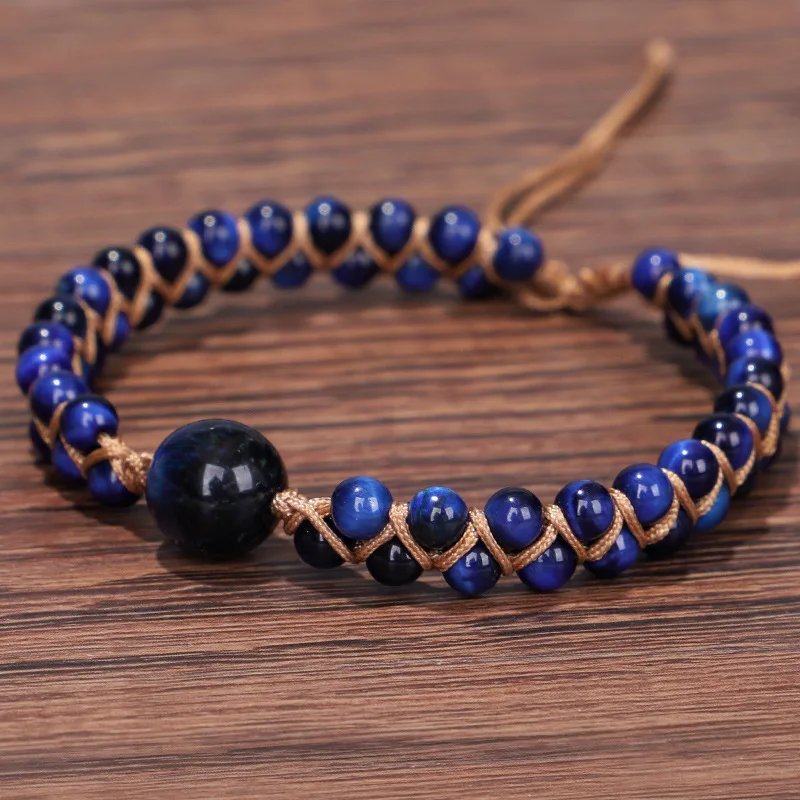 

Handmade DIY Natural Stone Charm Warp Bracelet Blue Tiger Eye Stone Beads String Braided Yoga Bracelet Bangle Women Men Jewelry