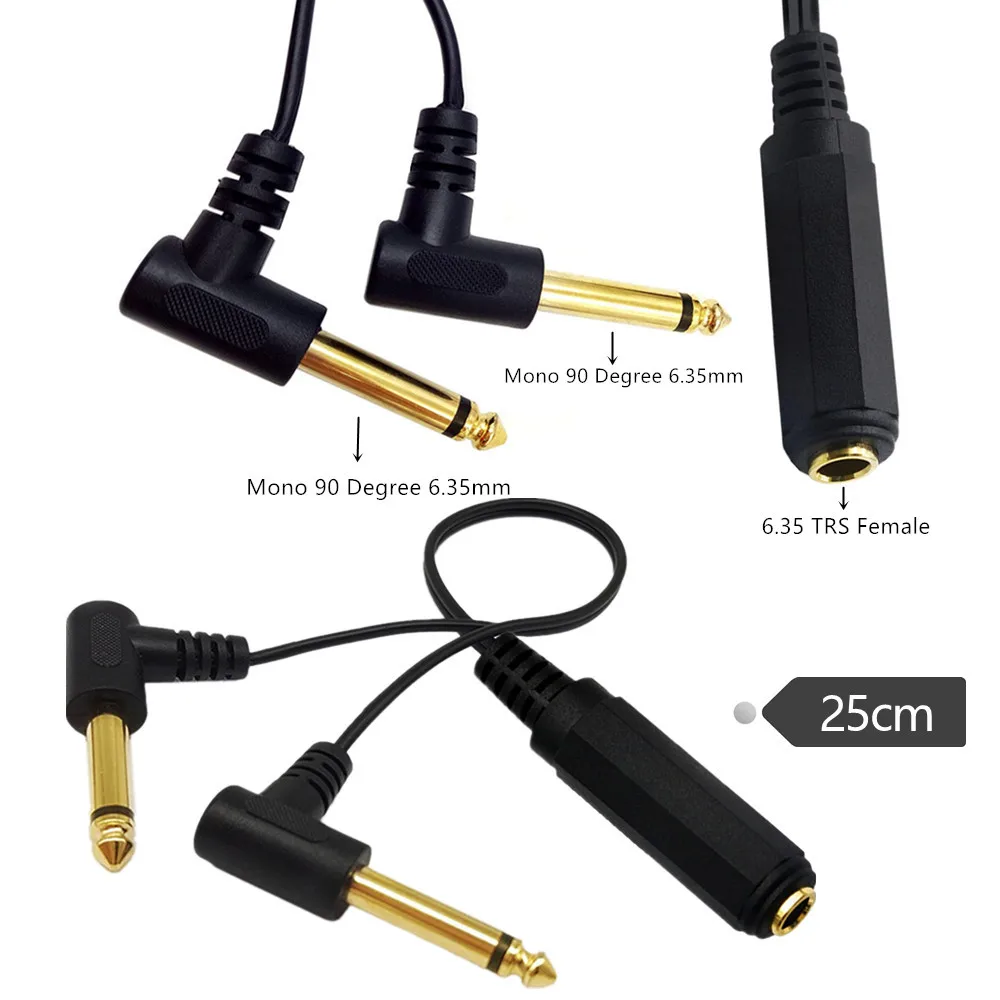 

Gold Plated 6.35mm Female 1/4" TS/TRS Stereo To Dual 2 X 6.35mm Male TS Mono 90 Degree Right Angle Y Splitter Audio Cable 0.25m