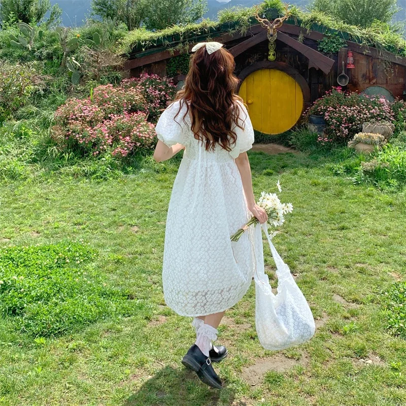 

Japanese Sweet College Style Soft Girl Loose Dress Square Collar Lace Flowers Puff Sleeve White Women's Summer Princess Dress