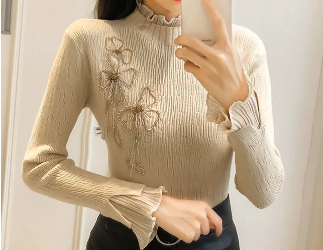 Luxury Diamond Beadings New Long Sleeve Stand Neck Women Sweaters Knitted Sweater tricotado Pullovers For Ladies Work Wear NS862 | Женская