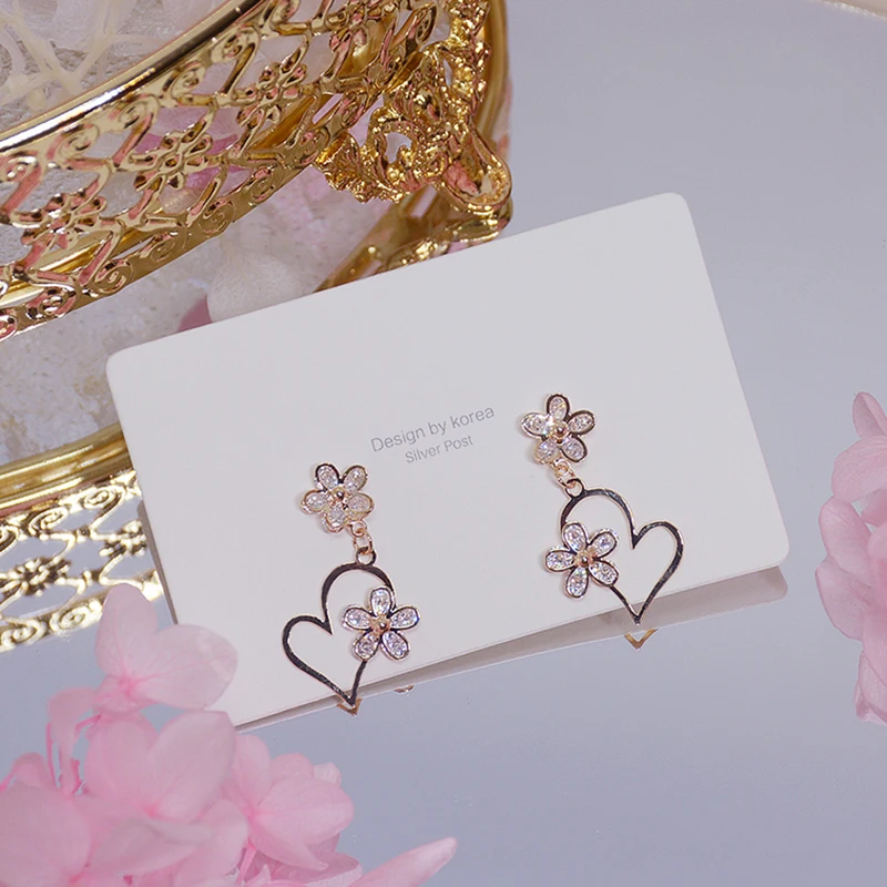 

14K Real Gold Heart Flowers Earrings for Women Top Designer Luxury Jewelry Inlaid High Quality AAA Zircon S925 Silver Needle