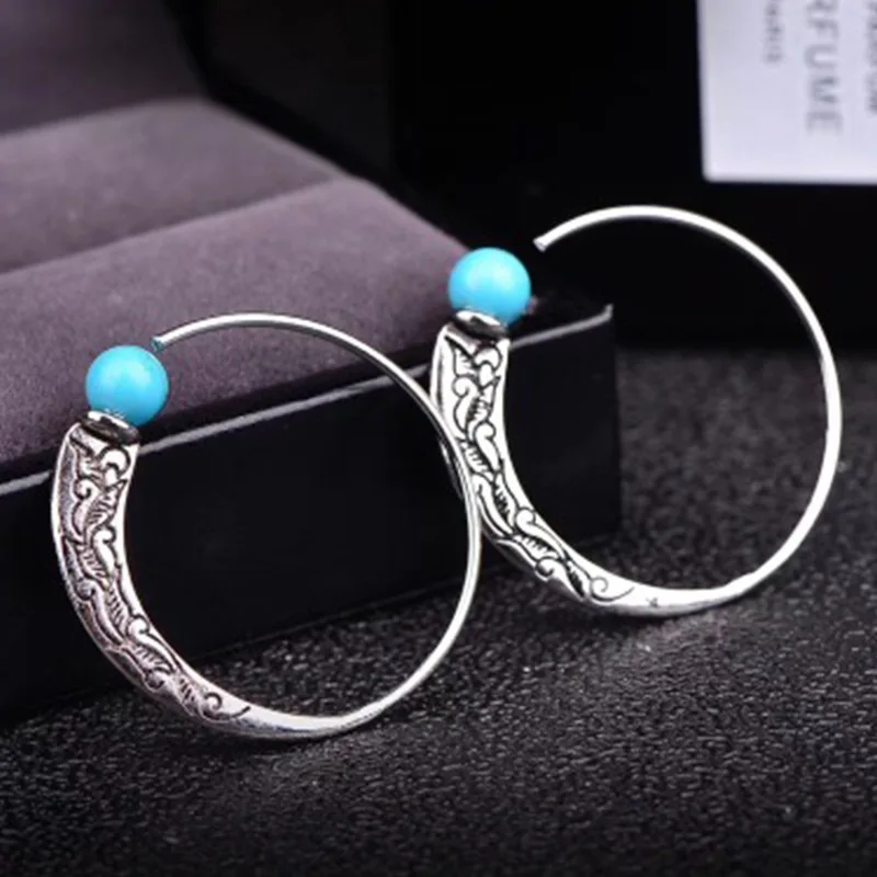 

Hot Sale Natural Round Turquoises Stone Hoop Earrings Antique Silver Color Women Ladies Earrings for Women Party Jewelry