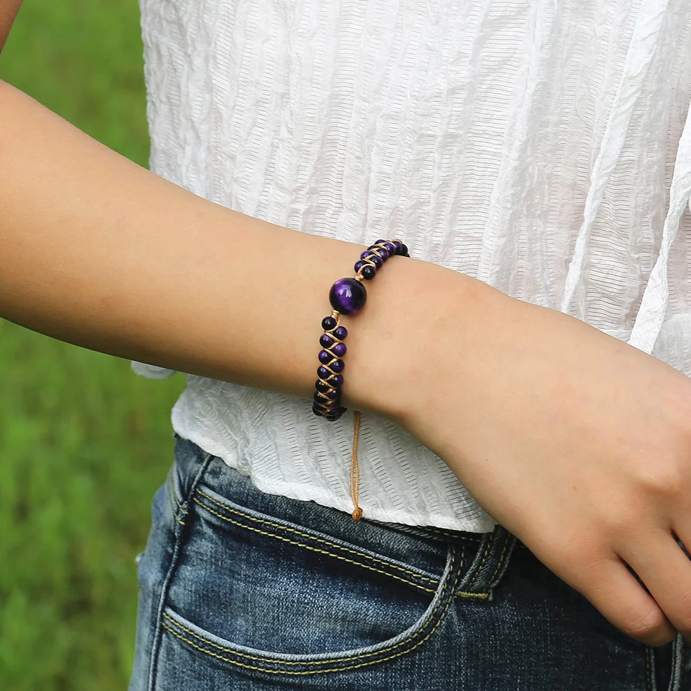 

Handmade Natural Stone Charm Bracelets Purple Tiger Eye String Braided Bracelets Friendship Wrap Bracelet Femme Women Jewelry