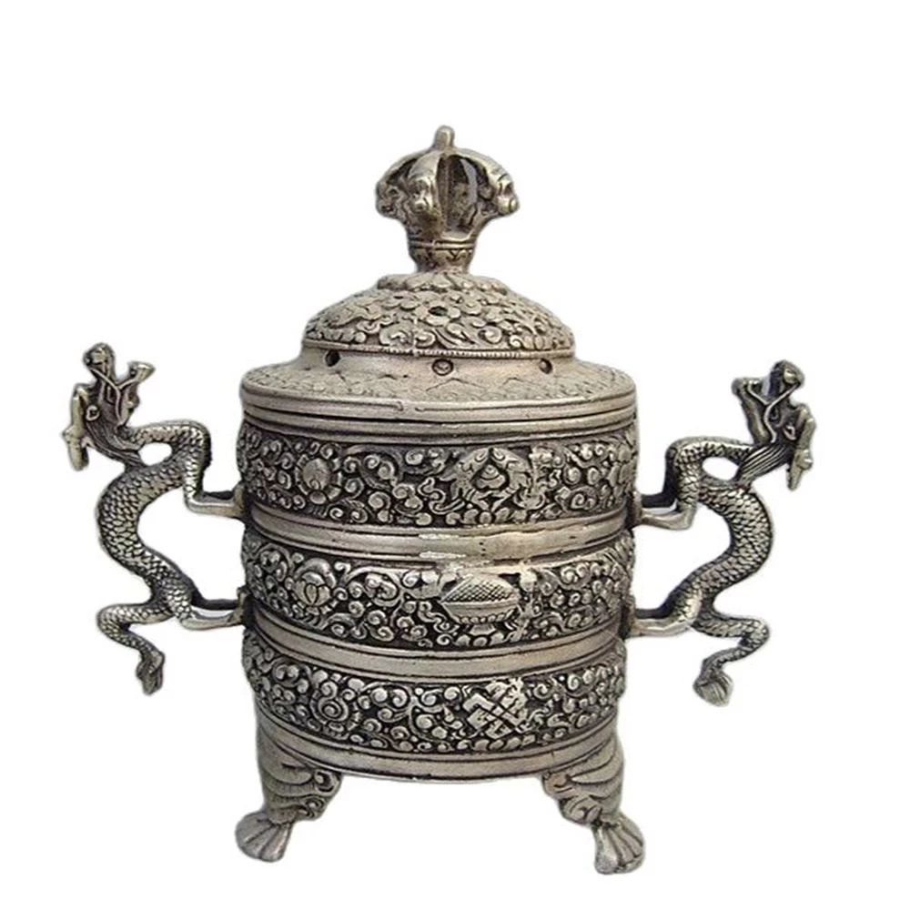 

MOEHOMES China Collectible Decorated Old Tibet Silver dargon home decoration Metal crafts Incense burner censer