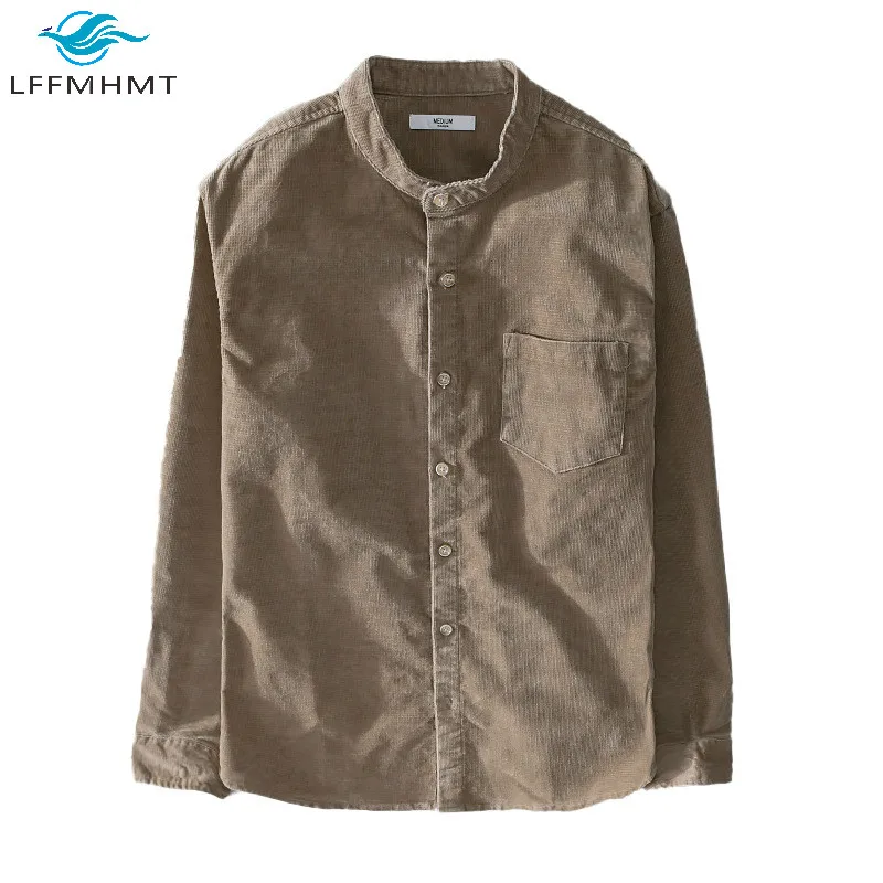 

Autumn Fashion Stand Collar Long SLeeve Pockets Corduroy Shirt Business Men High Quality Comfortable Wild Casual Solid Color Top
