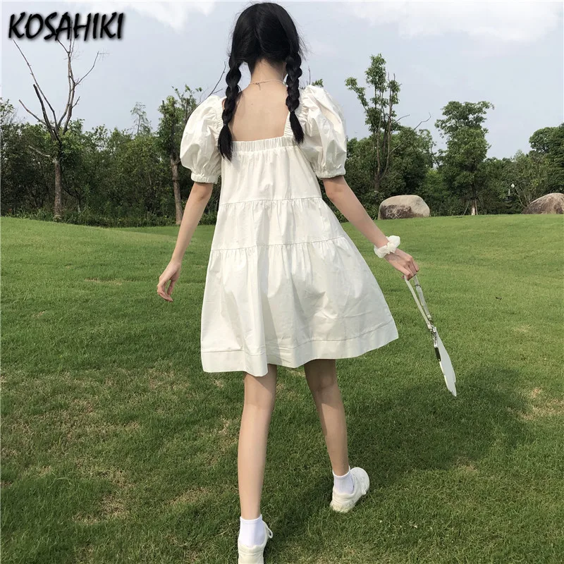 

KOSAHIKI Dresses Women Kawaii Japanese Style Sweet Preppy Style Square Collar Puff Sleeve Bow Bandage Robe Summer Mini Dress