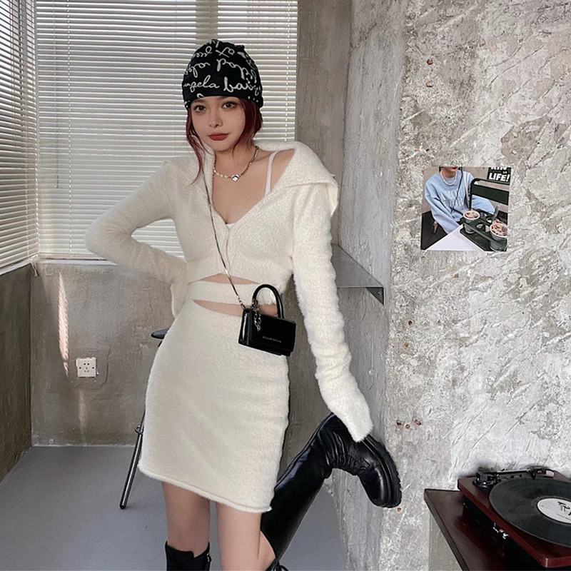 

Sister Fara Spring Autumn Knitted Cardigan Sweater Short Wrap Hip High Waist Mini Knitted Skirt Fashion Winter Woman 2 Piece Set
