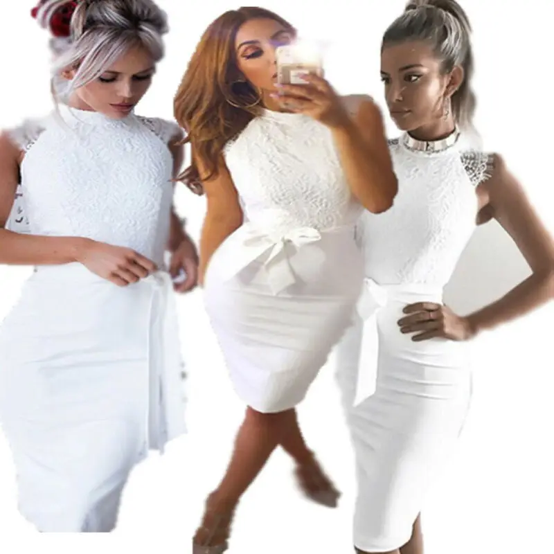 Women's Lace Sleeveless Bodycon Dress Fashion Formal Evening Party Club Wear Skinny Midi Solid White Color | Женская одежда