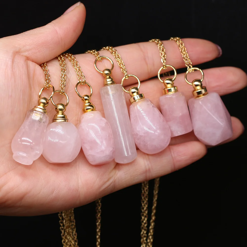 

Natural Stone Crystal Perfume Bottle 60cm Necklace Pendant Rose Quartzs Essential Oil Diffuser Necklace for Women Jewelry Gift