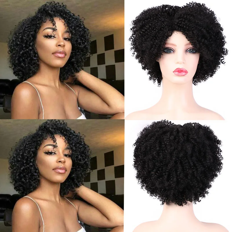 

ELEGANT MUSES Synthetic Afro Kinky Curly Wigs Short Curly Wig with Bangs for Black Women Mixed Brown Ombre Blonde