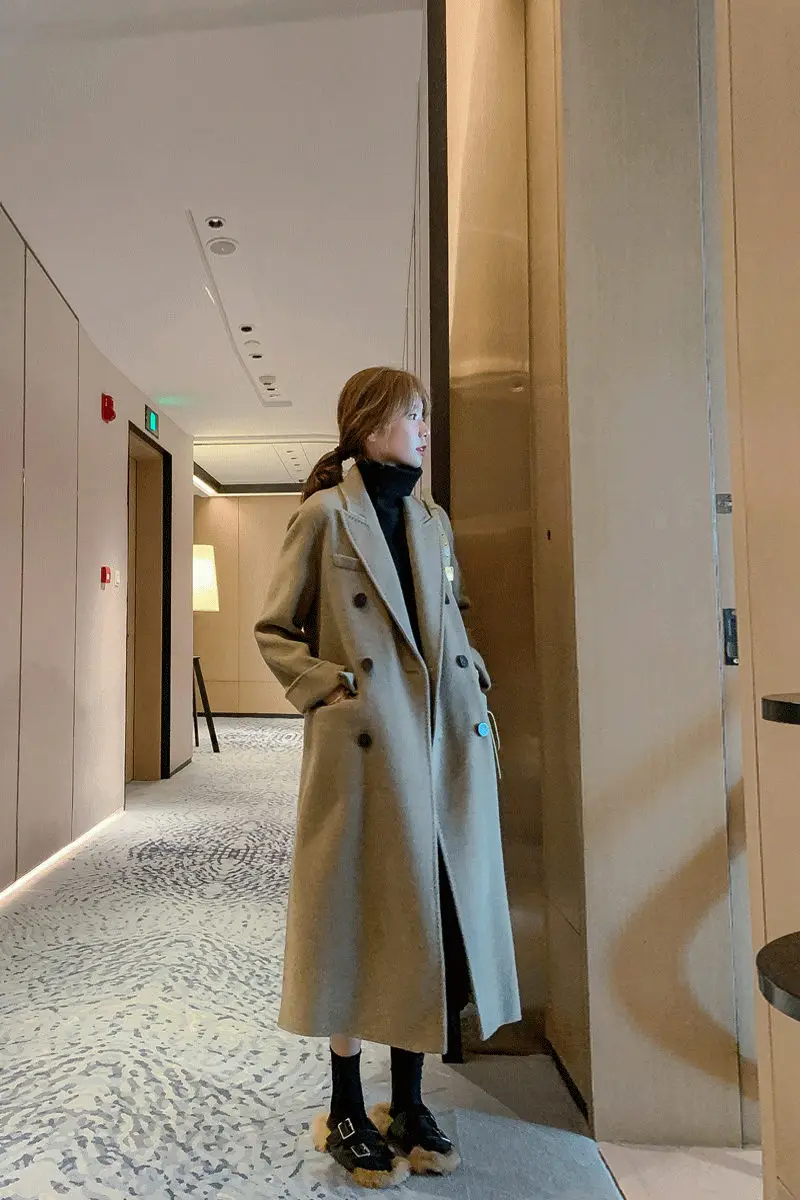 

Chic Loose Woolen Coat Female Long Section 2019 Autumn and Winter New Popular Coat Over The Knee Thick Woolen Blend Jacket f2531