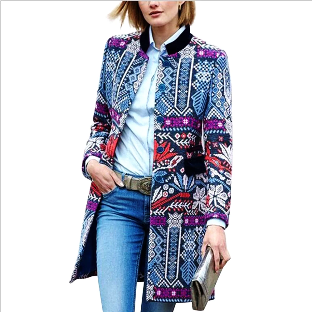 

Fashion Printed Long Sleeve Trench Coat Long Autumn Women's Windbreaker Casual Oversize Lapel Coat Chic Nation Style Outerwear