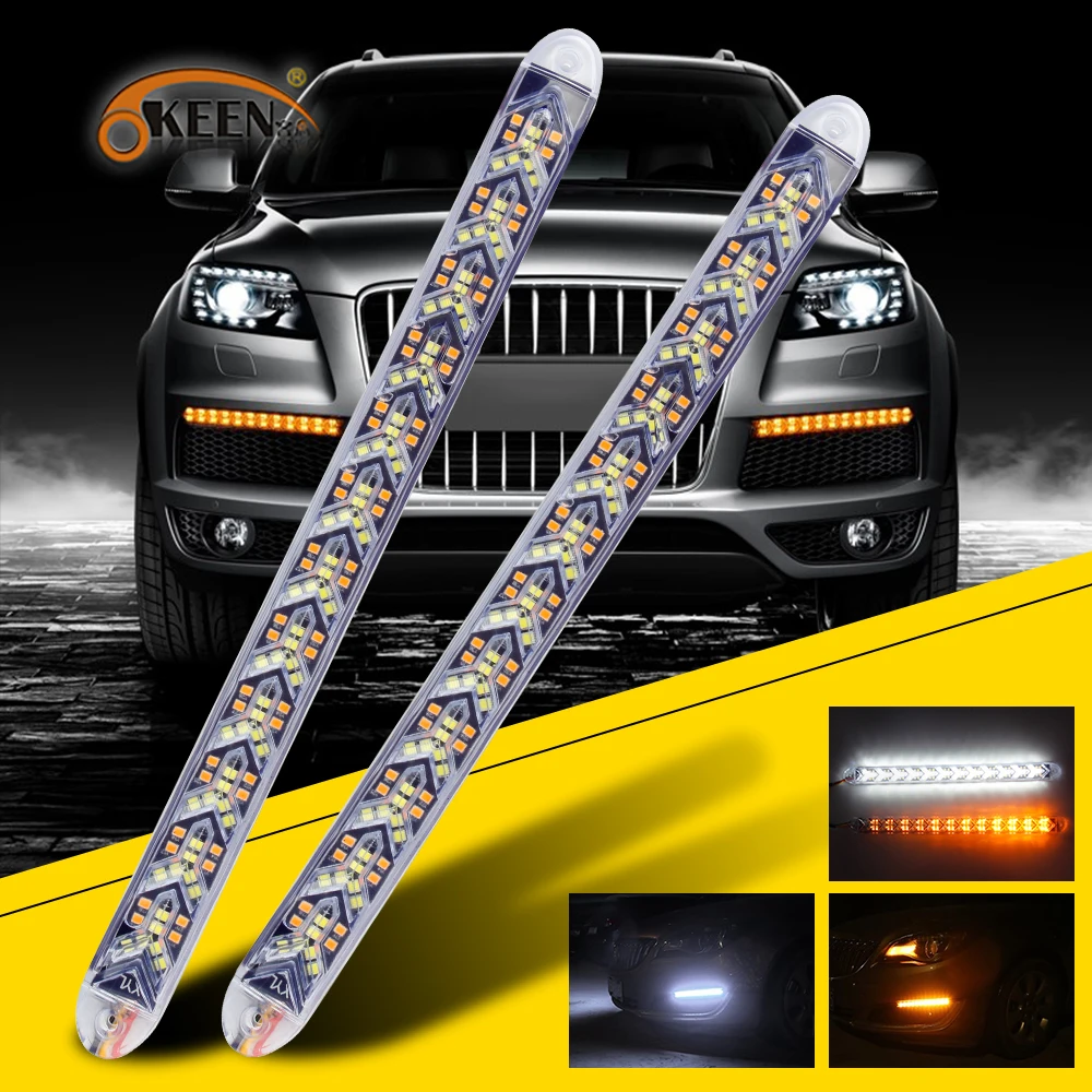 

OKEEN 2pcs Waterproof 12V Led DRL Daytime Running Lights Strip White Blue Headlights DRL Led Strip with Yellow Turn Signal