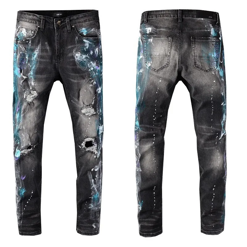 

fashion Amir amiligo Street hip hop wash hole blue embroidery jeans #636