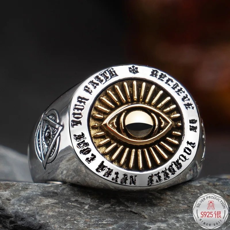 

Devil Eyes Hexagon Masonic Ring for Men 925 Sterling Silver Mens Signet Rings Freemason Totem Jewelry