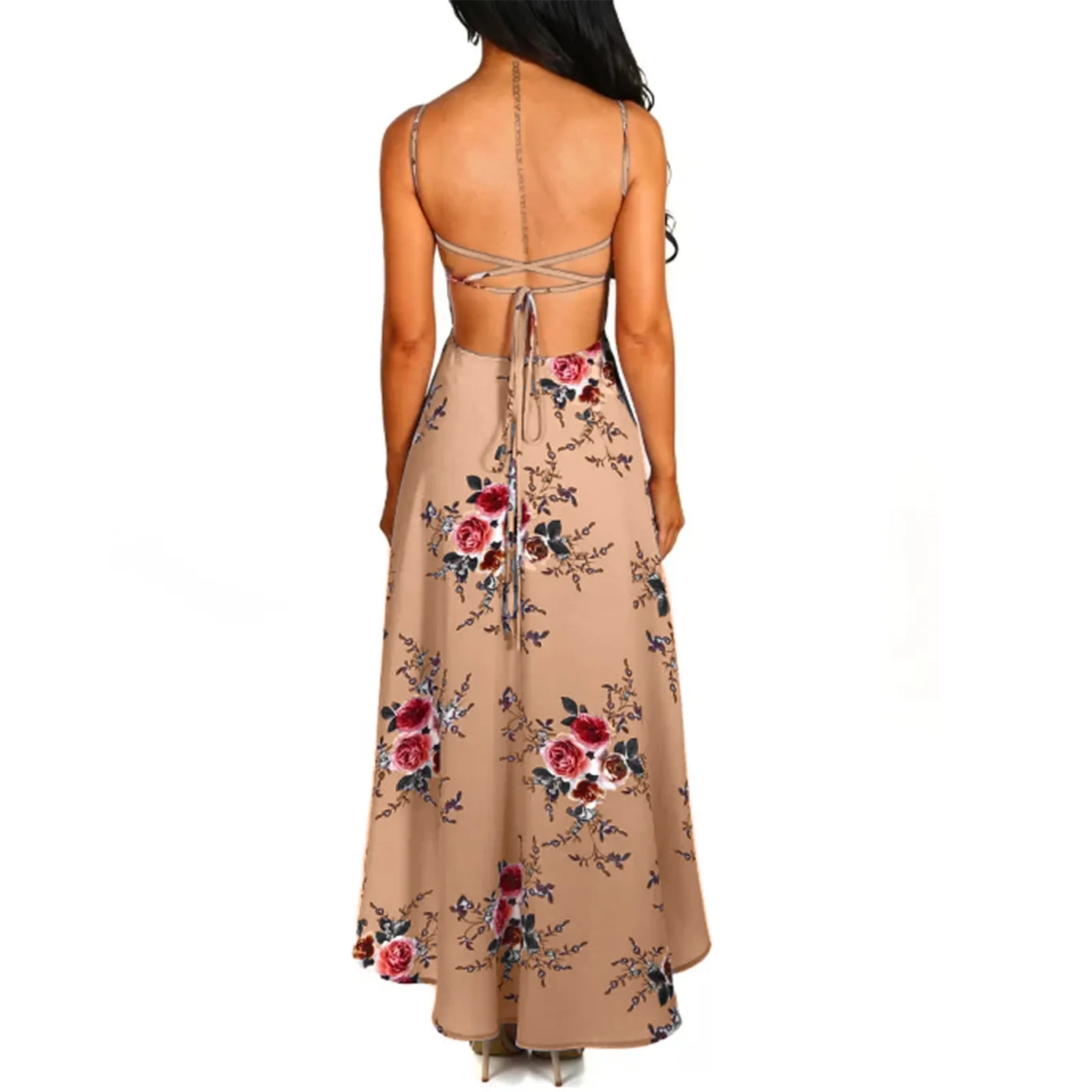 Модное женское длинное платье сексуальное на бретельках без рукавов с цветочным