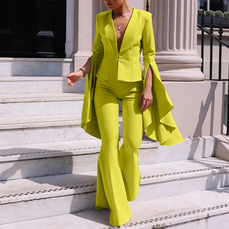 

2021 Women Flare Pants Suits V-Neck Solid Colors Casual Office Blazer Set Fashion Irregular Ruffles Sleeve Blazer Two Piece Set