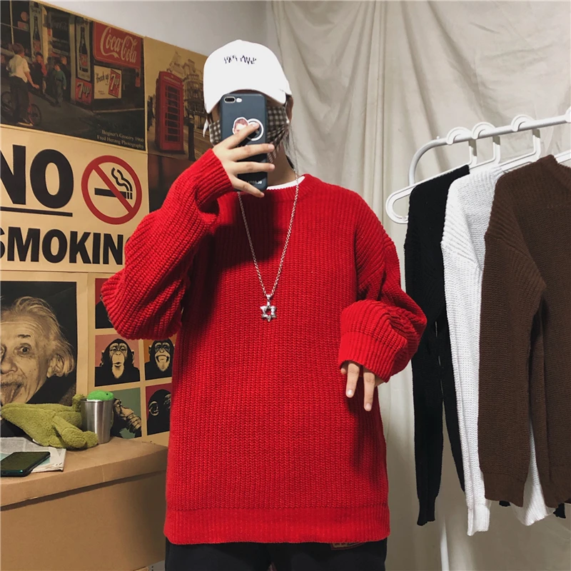 Мужской трикотажный свитер теплый однотонный джемпер в стиле ретро с длинным