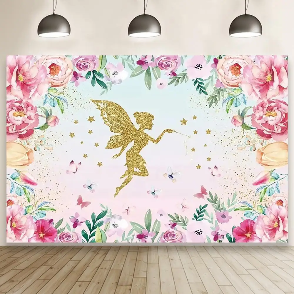 

Beautiful Golden Butterfly Angel Flowers Party Background Baby Show Decoration Photography Photos Newborn Bath Vinyl Backdrop