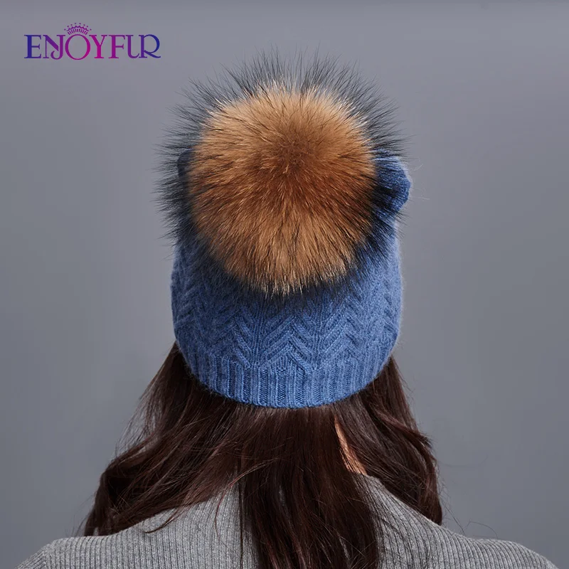 ENJOYFUR, женские зимние шапки, натуральный мех енота, помпон, шапка, Женская шерстяная вязаная шапка, для девушек, Skullies Beanies, теплая шапка Гравити Фолз