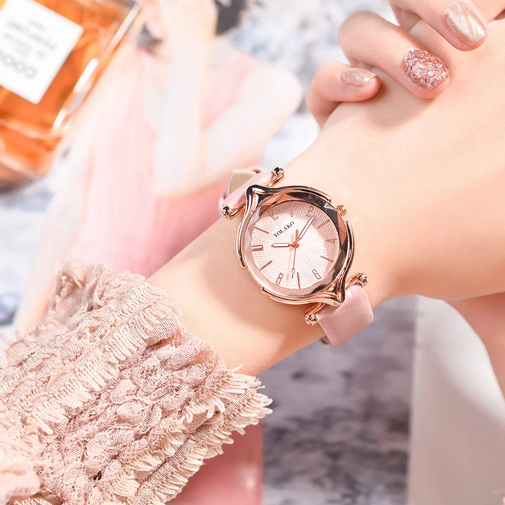 YOLAKO женские часы повседневные розовые с кожаным ремешком кварцевые наручные