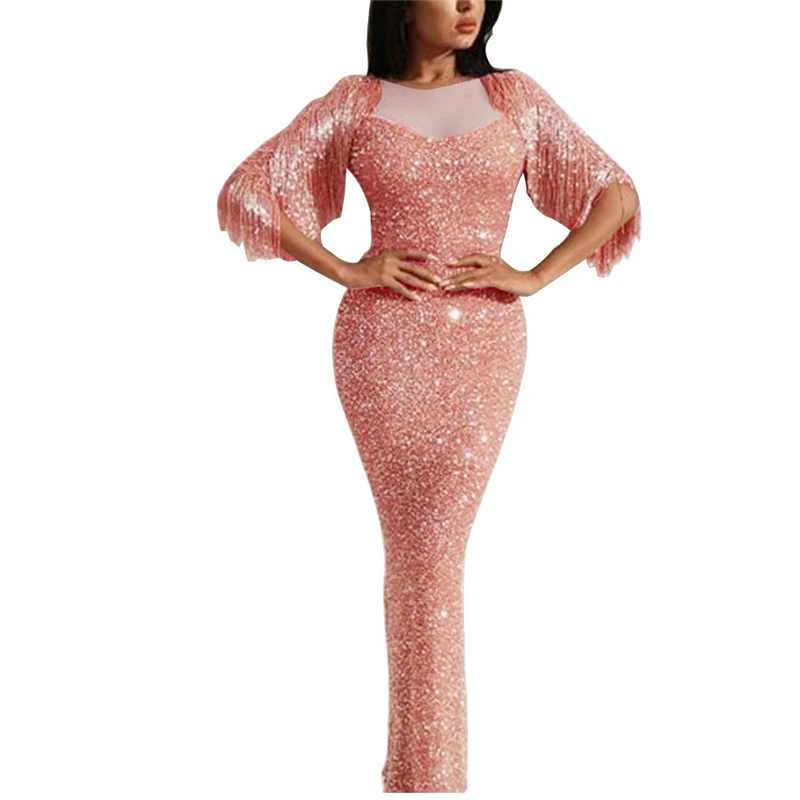 Elegant Ladies Long Fringe Bling Evening Party Fishtail Dress Short Sleeve Gowns Formal Reflective Dresses | Женская одежда