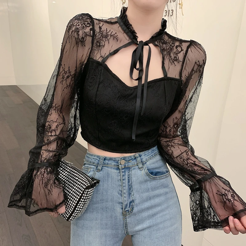 

Women Patched Lace Full Flare Sleeve Cropped Blouses Shirts Lady Hollow Out Bowknot Collar Sweet Crop Tops Shirts For Girls