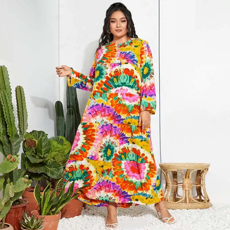 

Plus Size Colorful Printing Sundress Women Elegant Holiday Party Kaftan ZANZEA Casual Long Sleeve Ruffle Dress Female Oversize