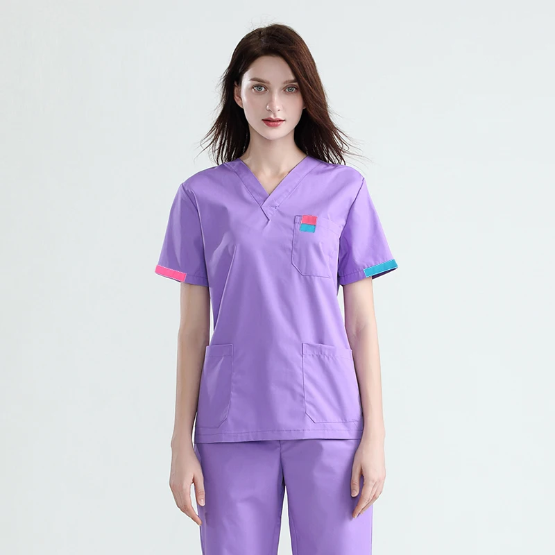 light purple SET Чистый хлопок скраб-Топ V шеи медицинская Униформа с короткими рукавами униформа для женщин Цвет Блокировка хирургическая рубашка Размер вилки медицинские скрабы(топ - Цвет: light purple SET