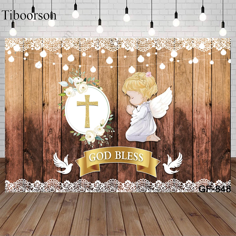 

God Bless Holy Communion Baptism Wood Wall Backdrop Golden Cross White Dove Glitter Lights Party Decor Photography Background