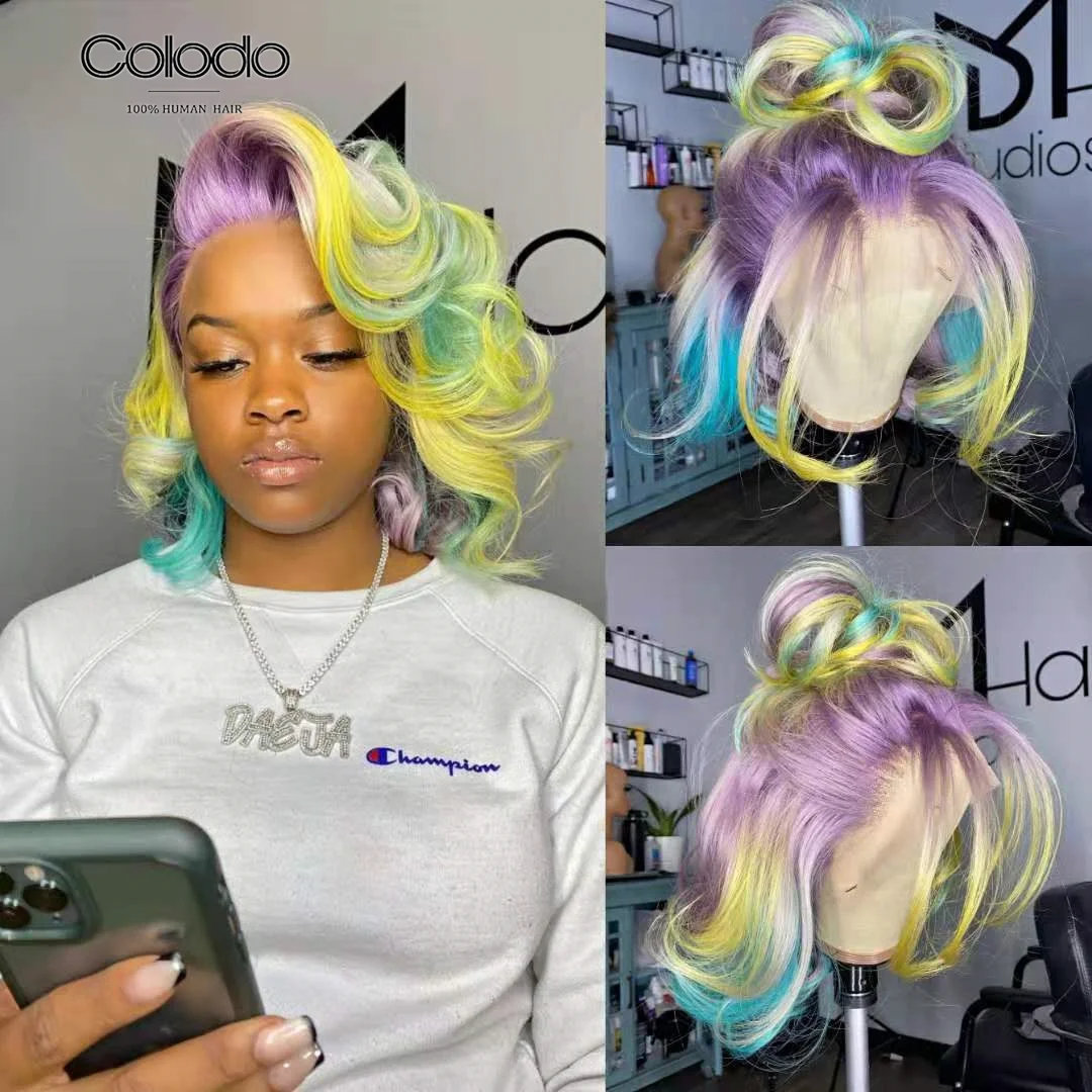 

COLODO Brazilian Remy Short Bob Human Hair Wig Rainbow Lace Front Wig 13x4 Pre Plucked Green Purple Yellow Highlight Lace Wigs