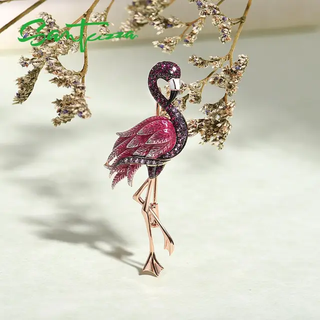 Sterling Silver Rose Gold Color - Flamingo Bird Broosh - Fashion Jewelry Handmade 4