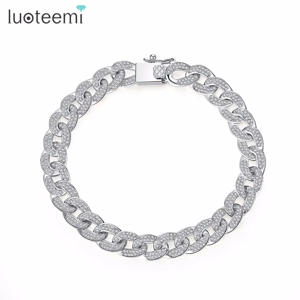 LUOTEEMI AAA кубический цирконий вымощенный нежный хип-хоп панцирный кубинский браслет-цепочка для женщин Роскошные изысканные вечерние Ювелирные изделия Подарки