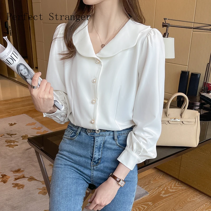 

2021 Spring Autumn New Arrival Hot Sale Peter Pan Collar Long Sleeve Women Chiffon Blouse High Quality